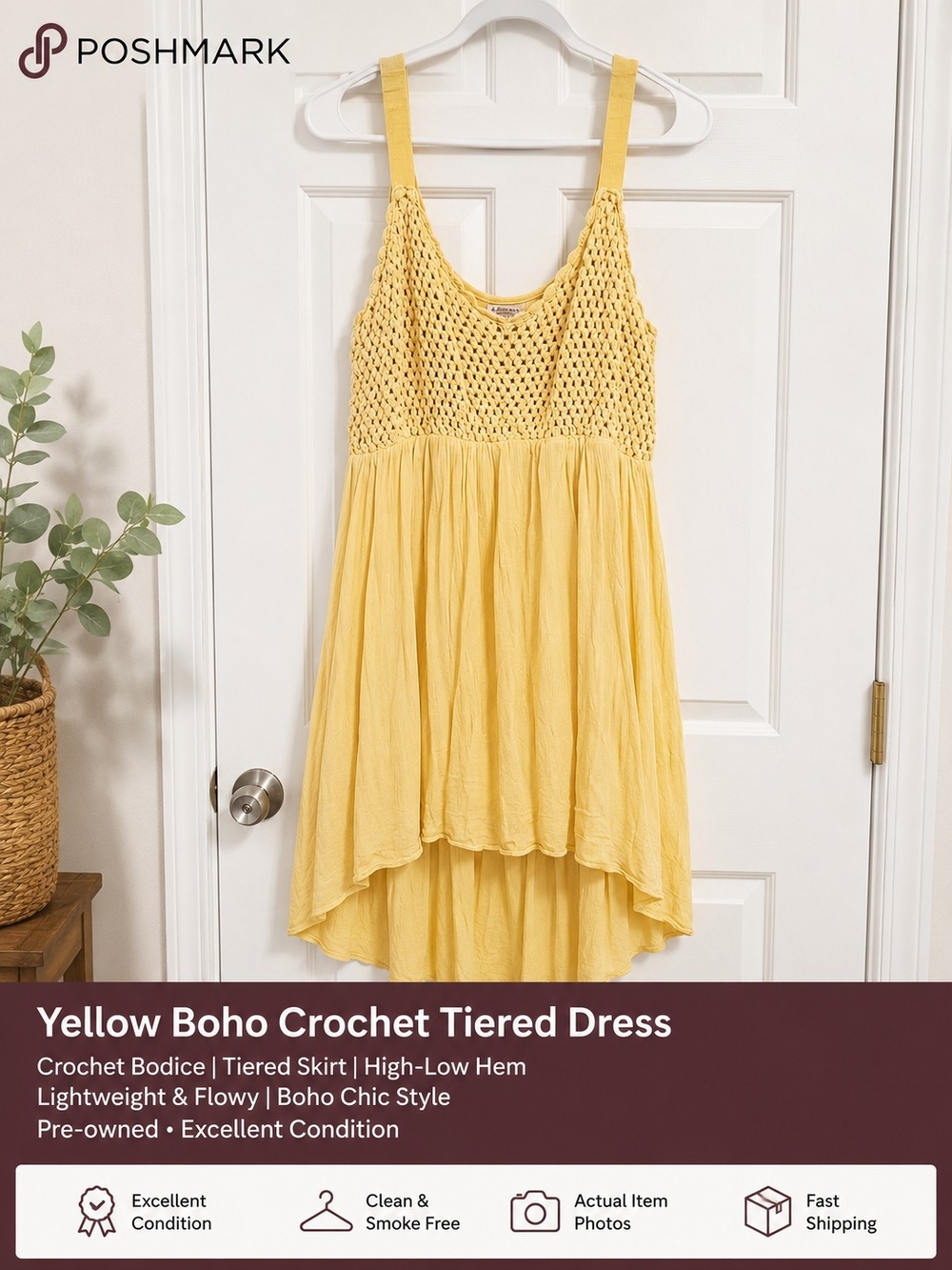 Yellow Boho Crochet Tiered Dress